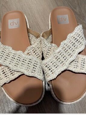 DV by Dolce Vita Cream Crochet Slide Sandals with Tan Footbed